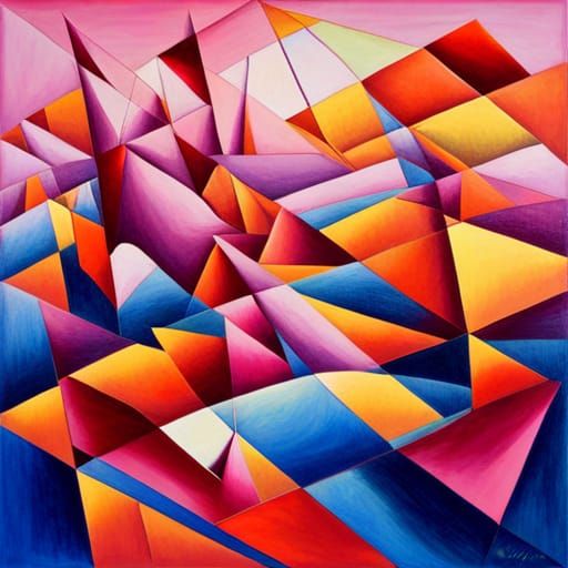 Abstract Pink Grid Landscape in Cubist Style