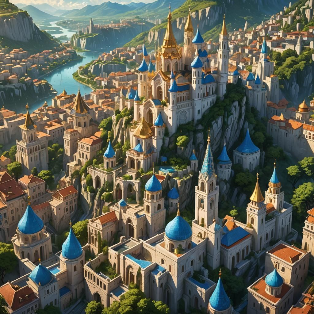 Fantastical Cityscape with Marble Towers in Matte Painting