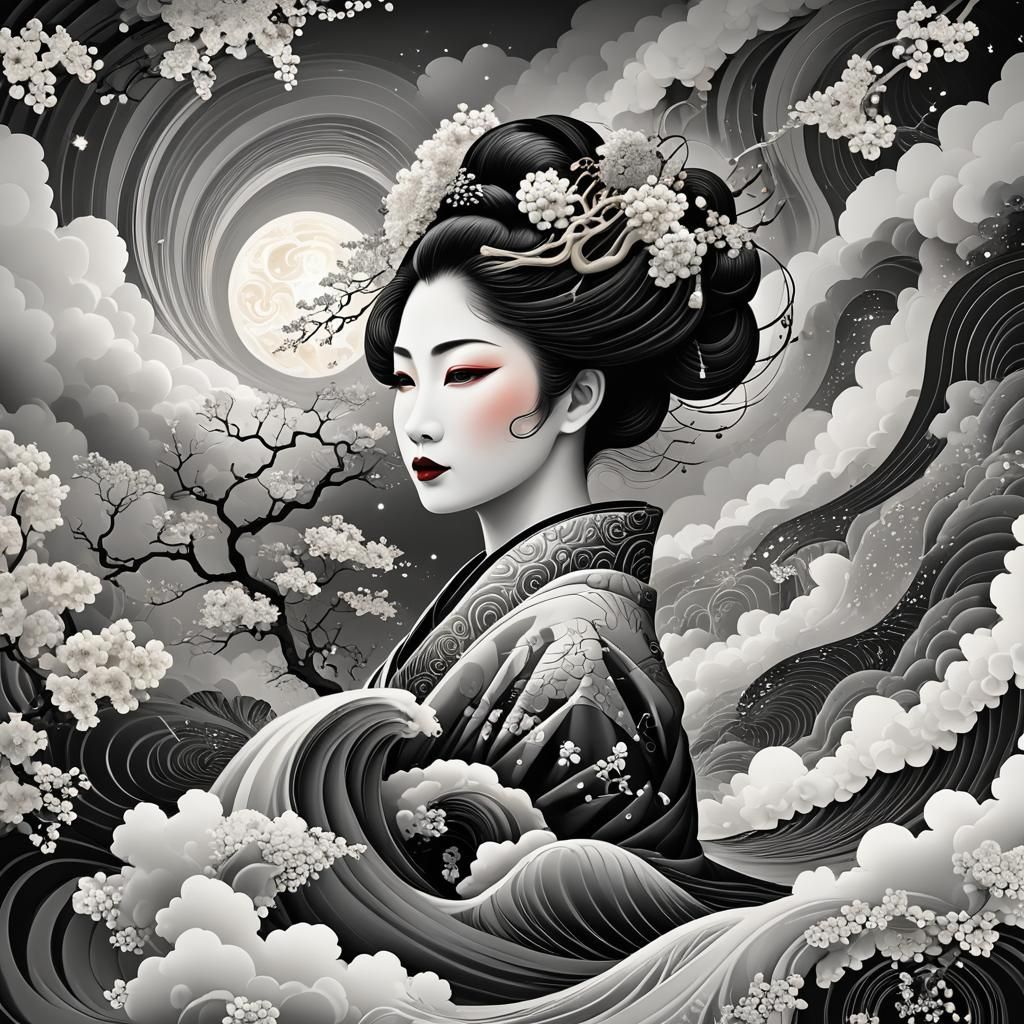 Geisha profile in rolling vortex of clouds