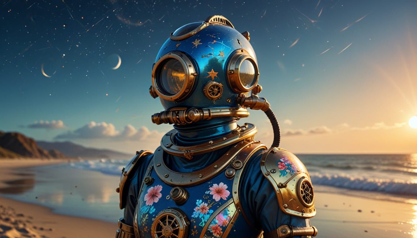 Steampunk Figure on Moonlit Beach in Cyberpunk Style