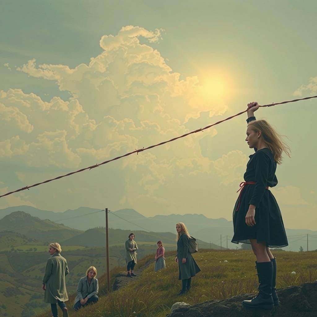 Girl Stands on Barbed Wire in Dreamlike Landscape