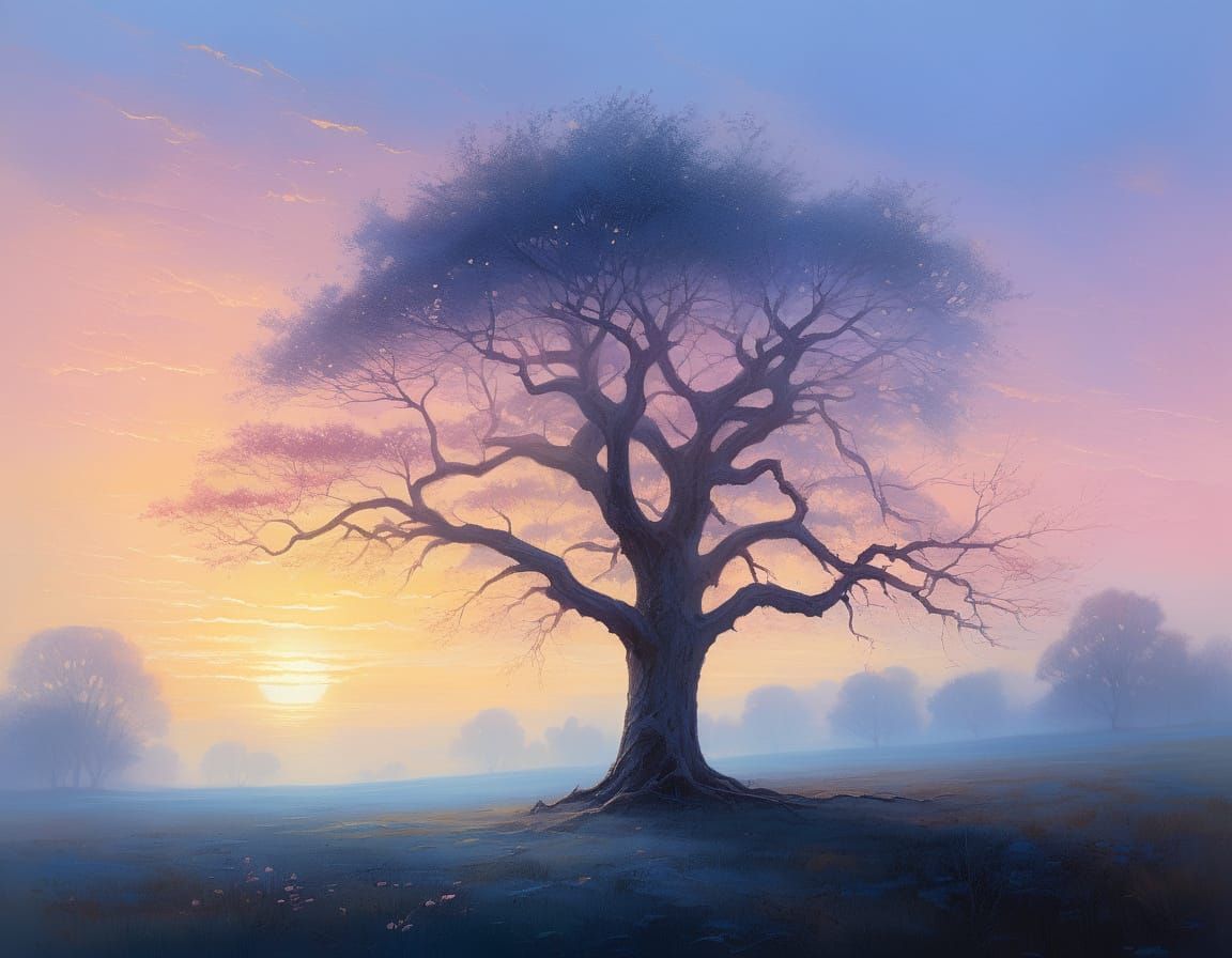 Crepuscular Tree in Golden Light: Oil Painting