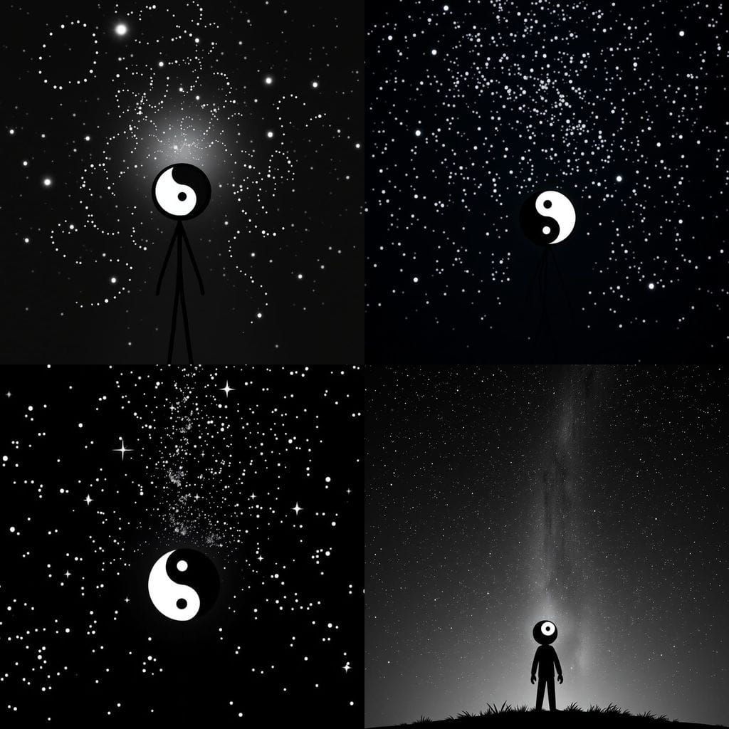 Surreal Stick Figure Gazing at Starry Black and White Cosmos