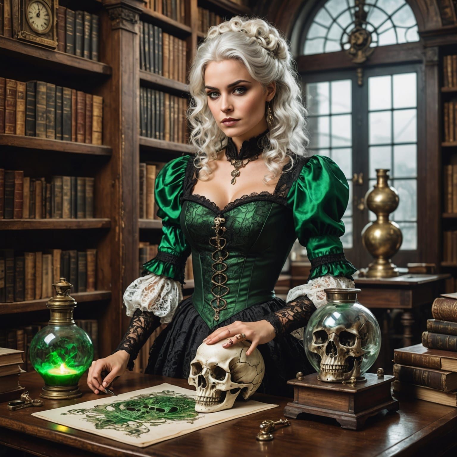 Woman with Skull in Library, Alcohol Ink Style