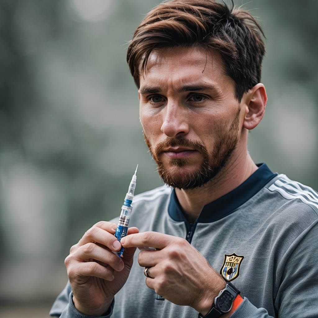 Lionel Messi Portrait Holding Syringe in Leibovitz Style