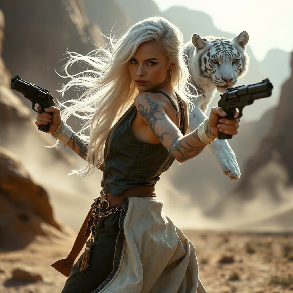White Tiger Princess Cowgirl with Futuristic Revolvers