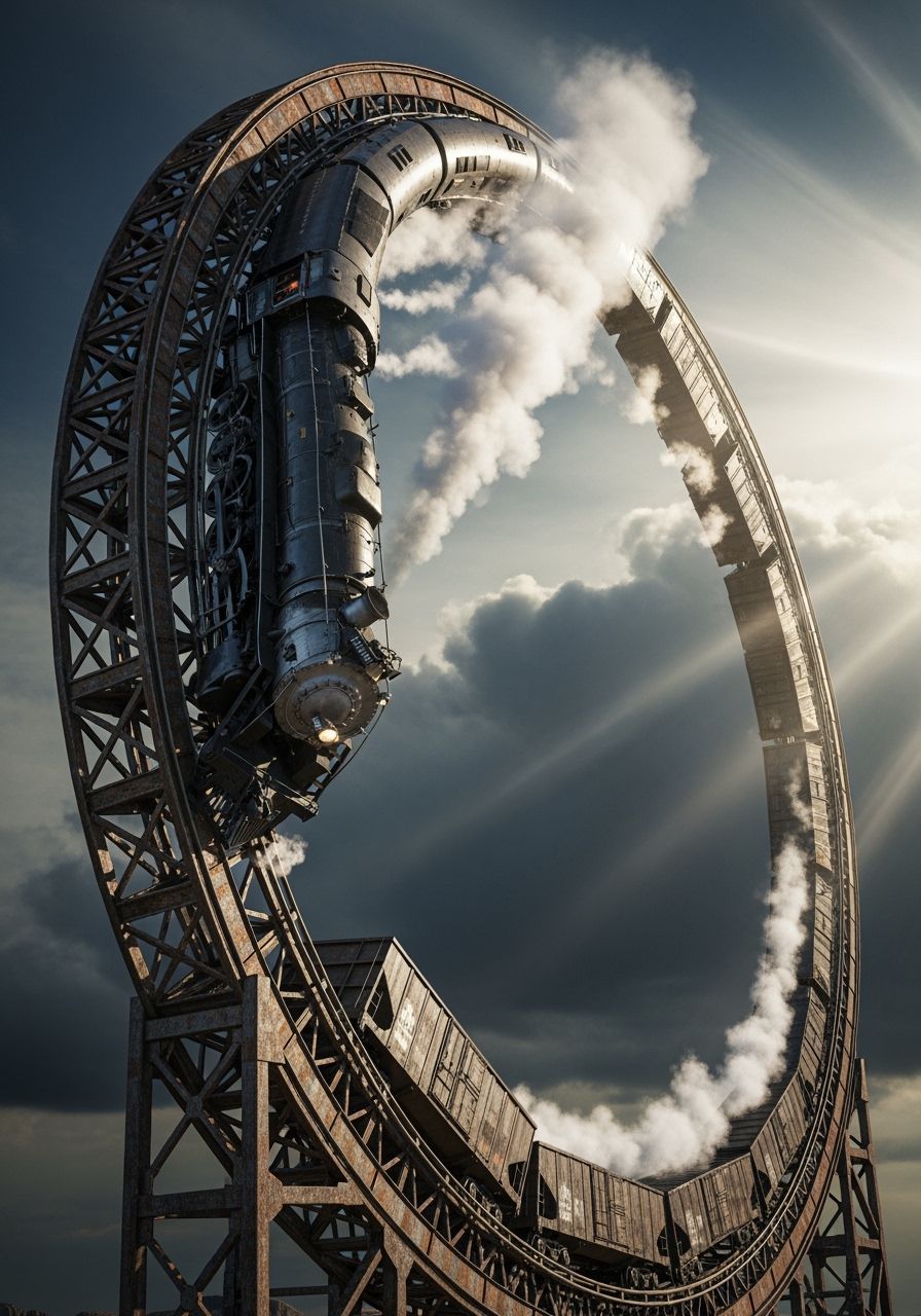 Vintage Steam Train Completes Vertical Loop in Dramatic Sky