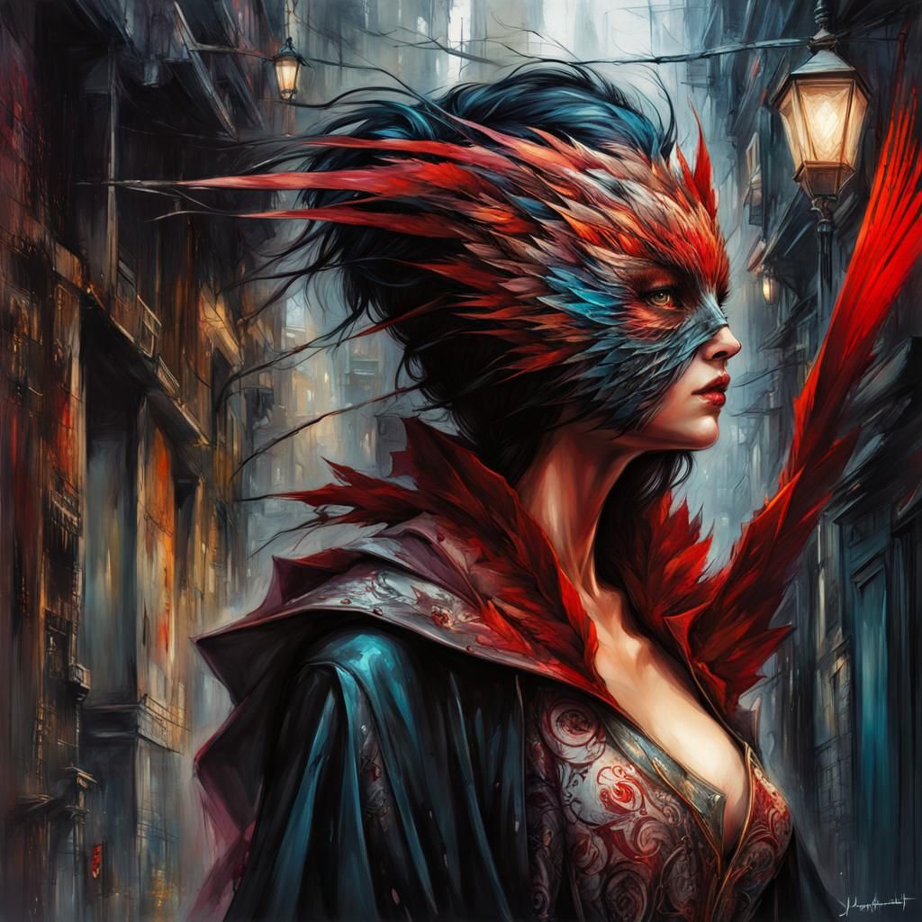 Bird Masked Villain in Dystopian Alleyway