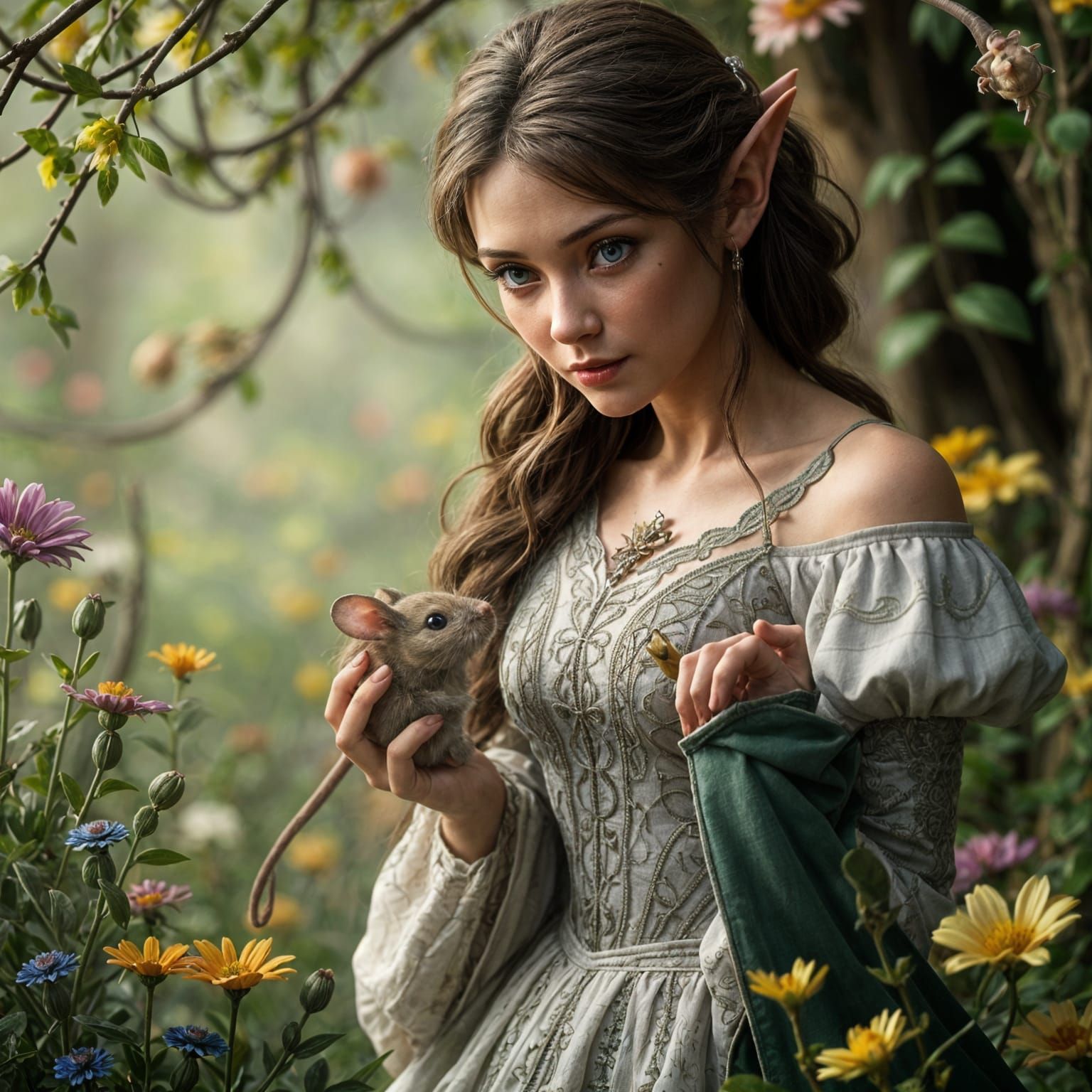 A Hyperrealistic Elf in a Delightful Conversation with a Mou...