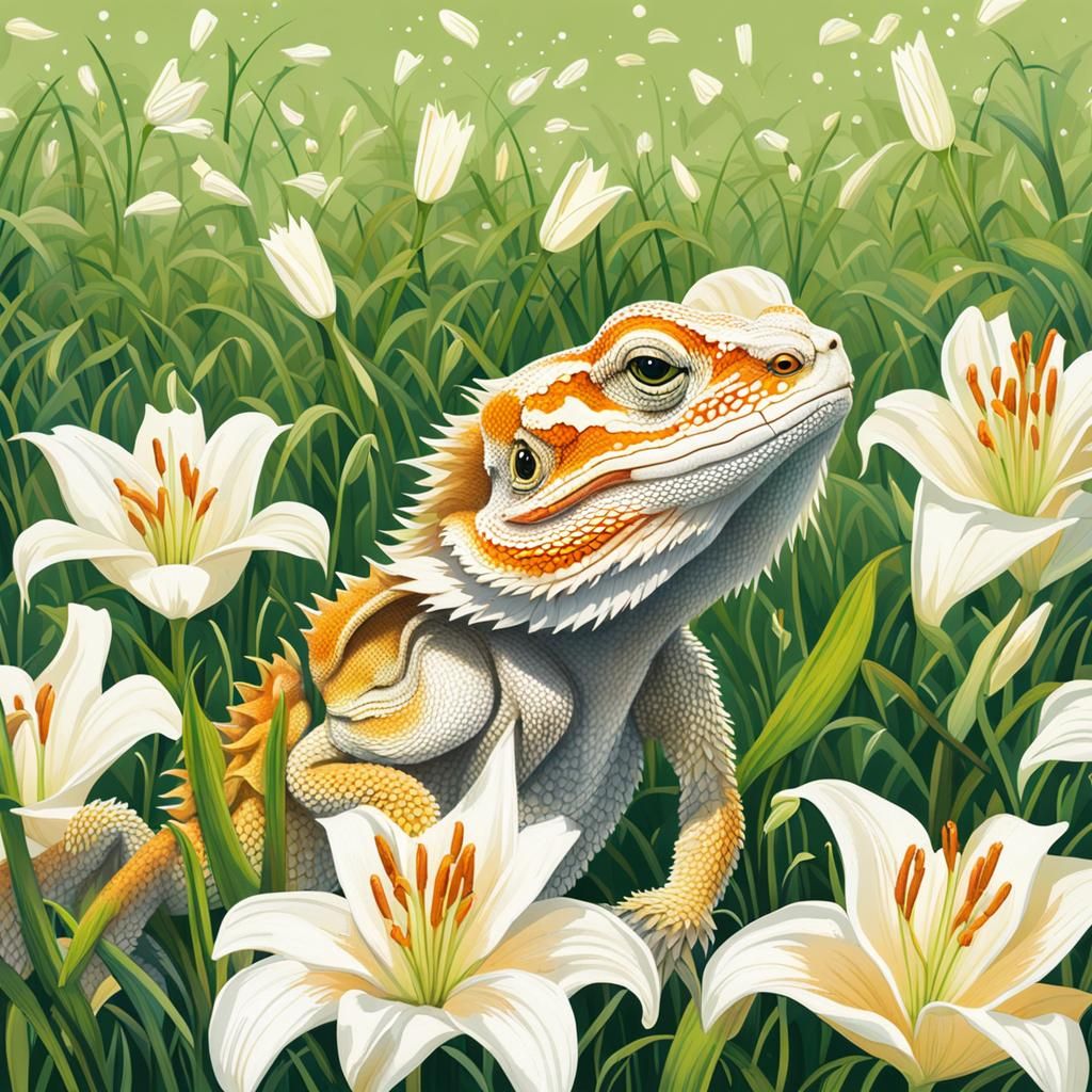 Bearded Dragon Sheltering Under Lily Flower