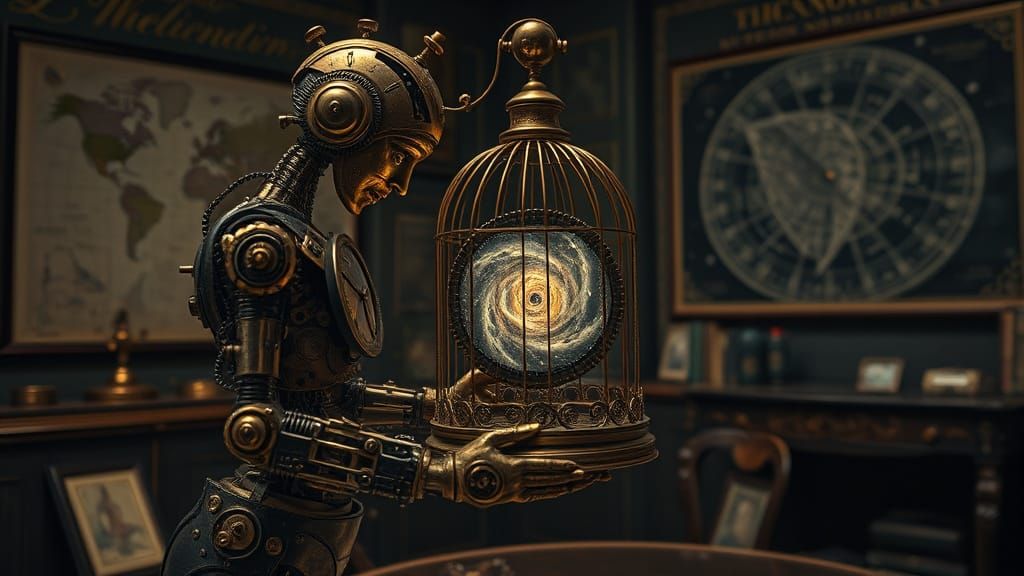 Clockwork Automaton Tends Miniature Galaxy in Victorian Stud...