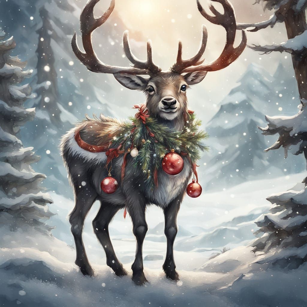 Vintage Christmas Reindeer in Whimsical Winter Wonderland