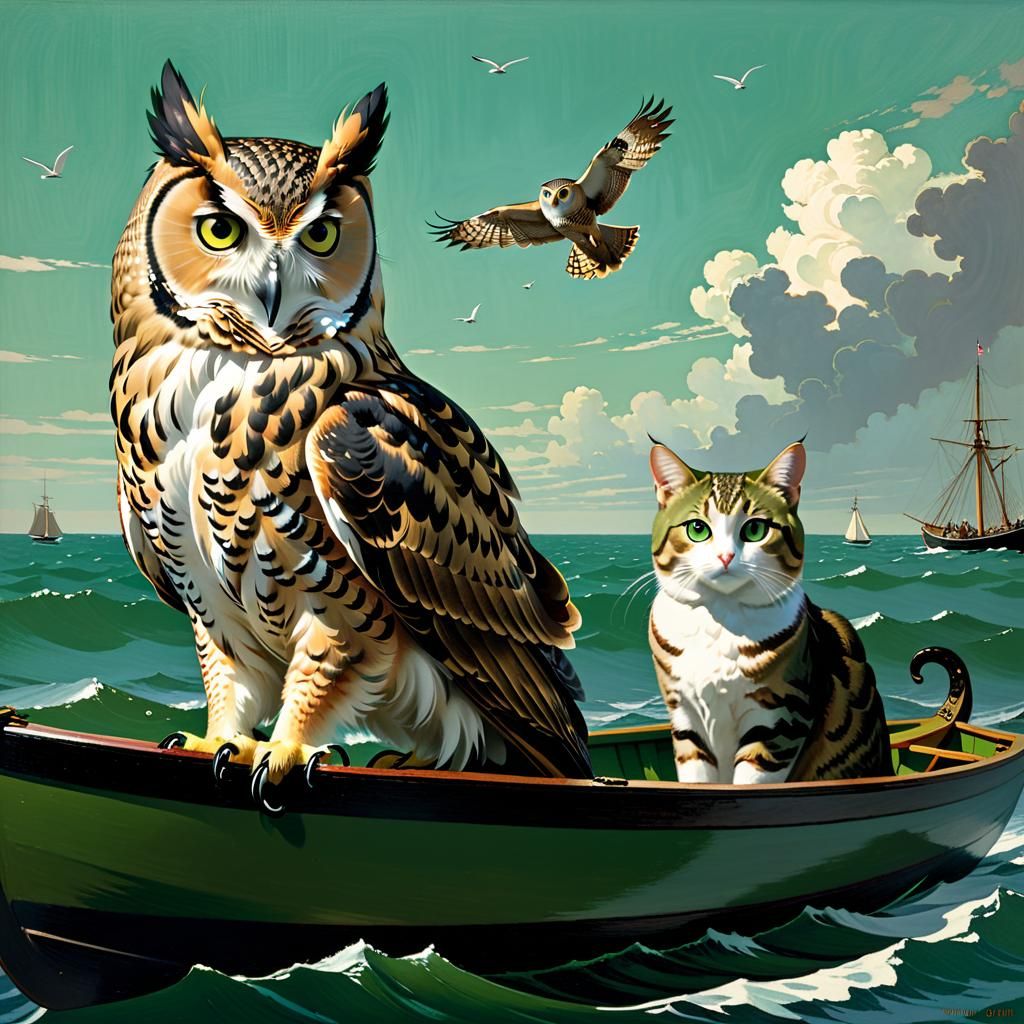 Owl and Cat's Pea-Green Boat, Watercolor Painting