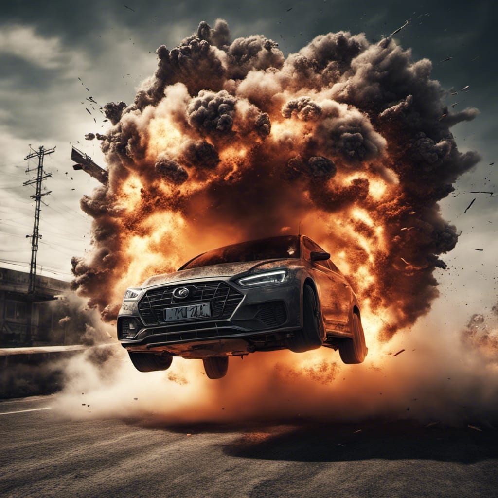 Car Jumps Explosion in Hyperrealistic Style