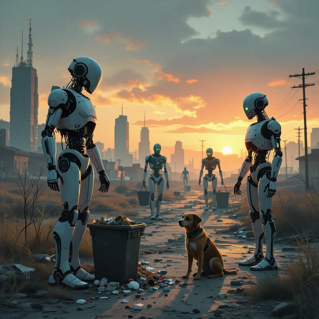 Post-Apocalyptic Robots in Desolate City Landscape