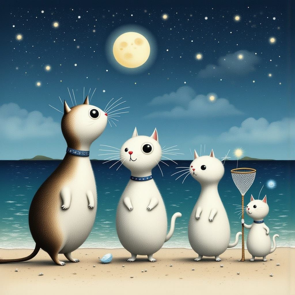 Comical Cats Watching Meteor Shower, Watercolor Illustration