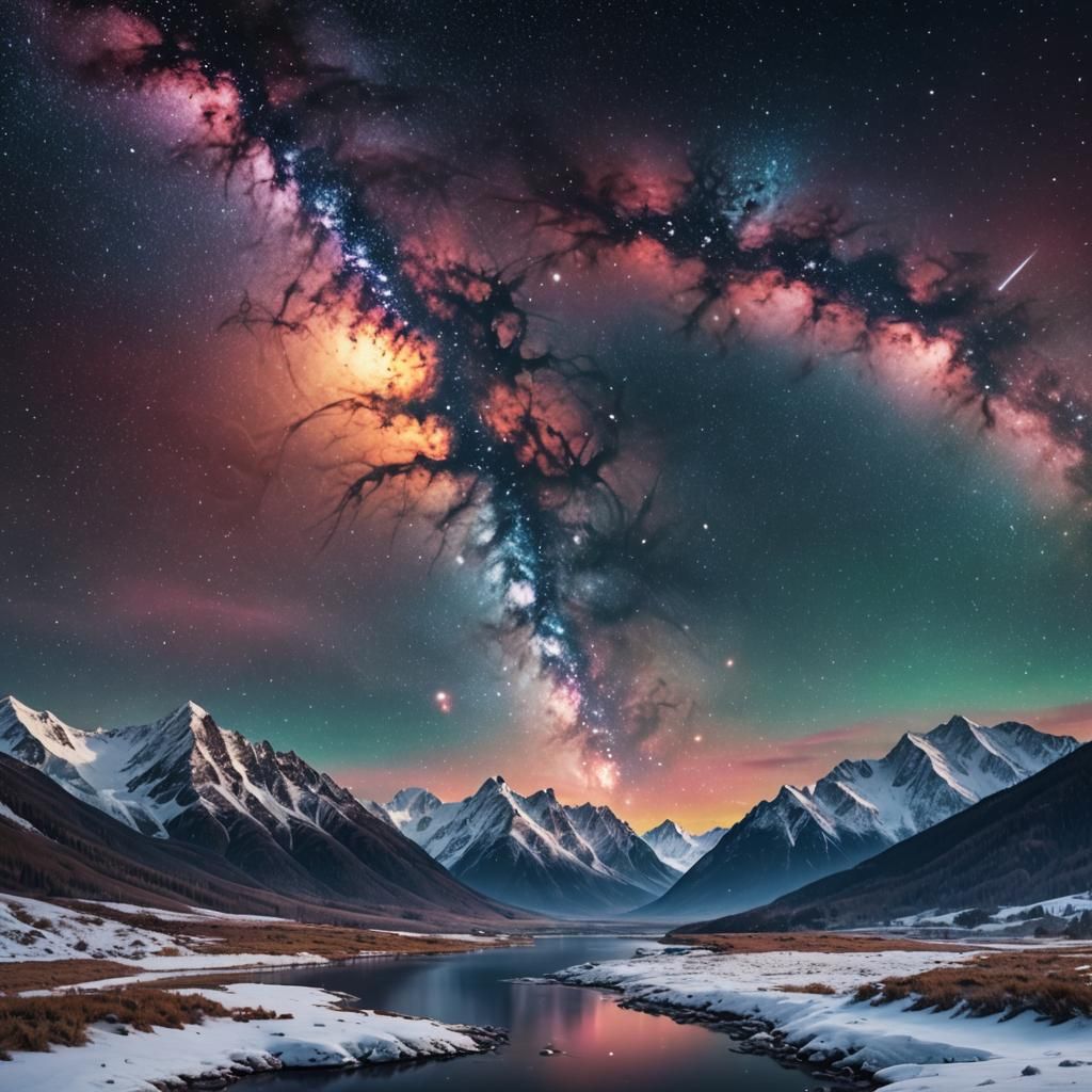 Colorful Galaxy Over Snowy Mountain Landscape