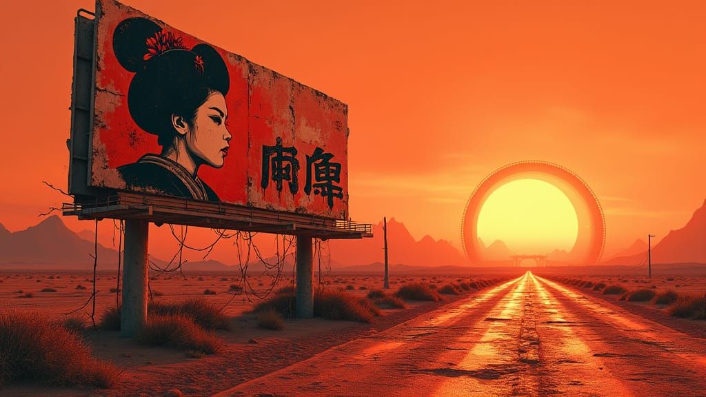 Dystopian Desert Billboard in Glassmorphism Style