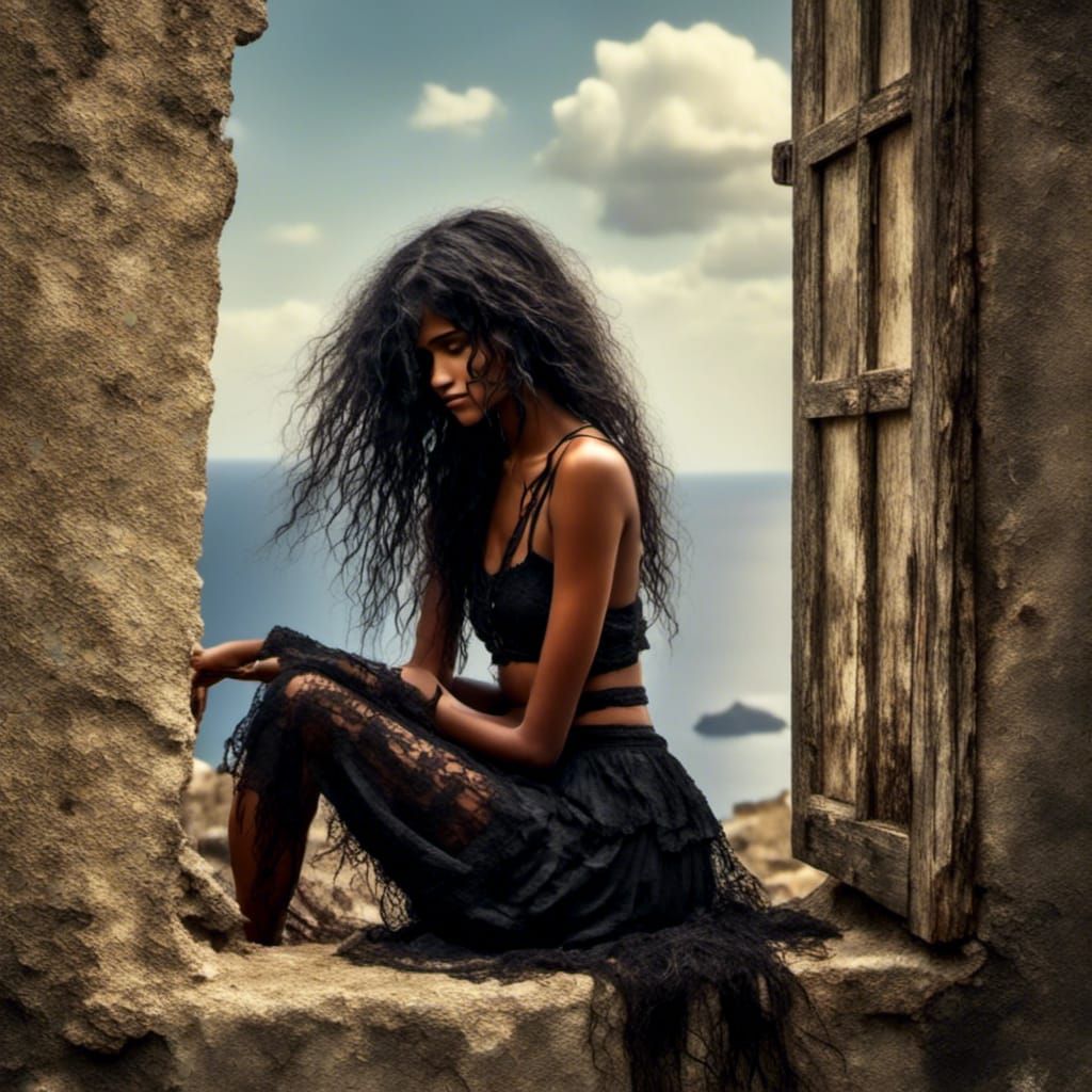 Sad Gothic Girl Gazing Over Santorini Sea