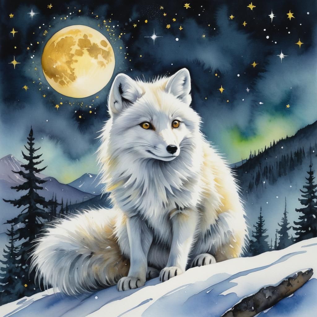 Arctic Fox in Banff National Park, Watercolor Style