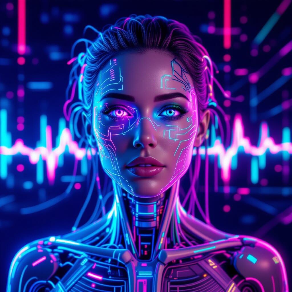 Cyberpunk Synthetic Humanoid with Neon Wires and Holographic...