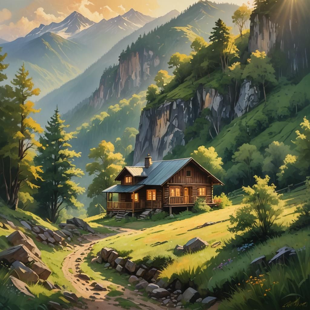 Mountain Cabin in Impressionist Landscape with Golden Light