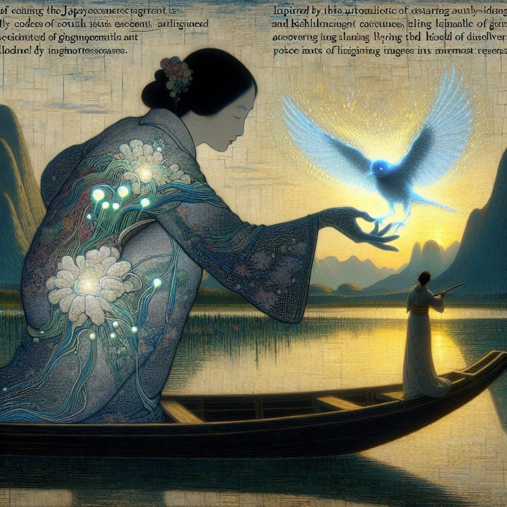 Bioluminescent Bird on Lake: Ukiyo-e Zen Sunset