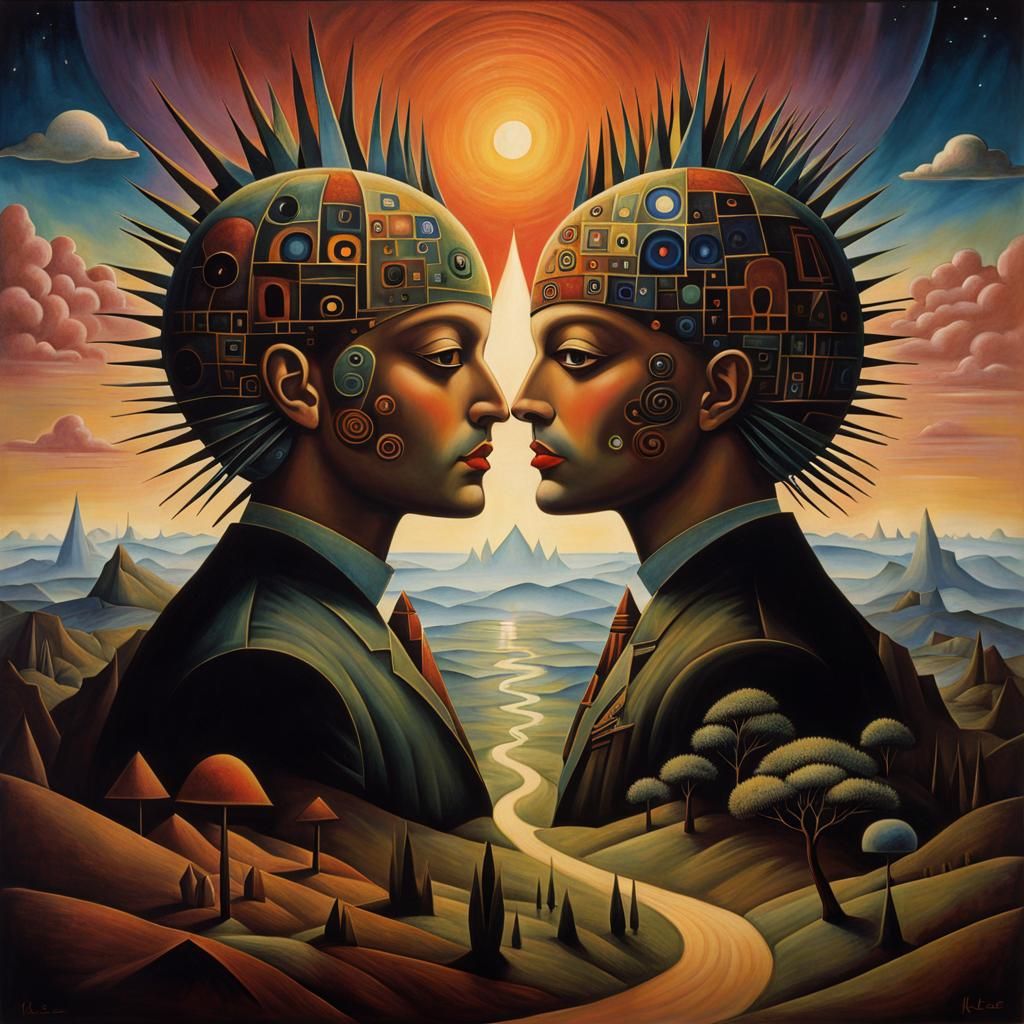 Surreal Landscape with Dinosaurs in Abstract Style