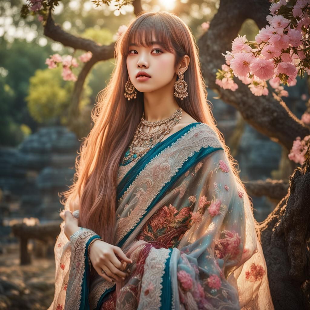 Lalisa Manoban in Vibrant Saree, Photorealistic Style