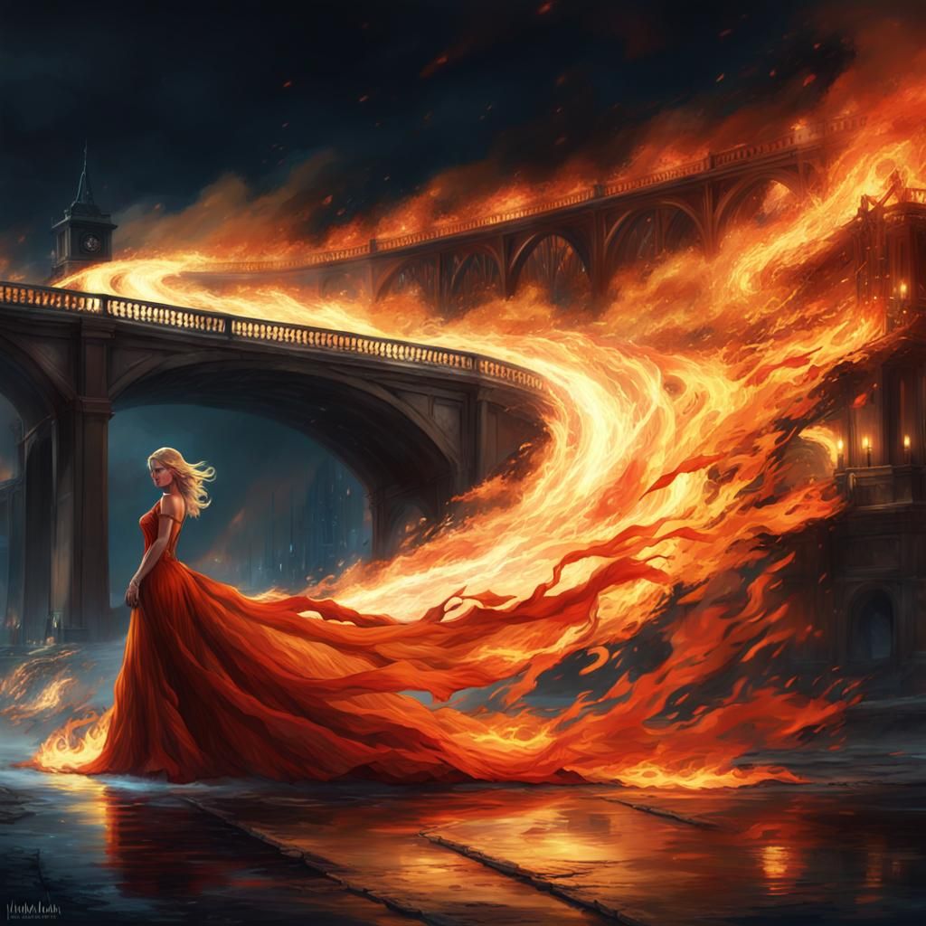 Blond Woman in Flaming Dress, Digital Art