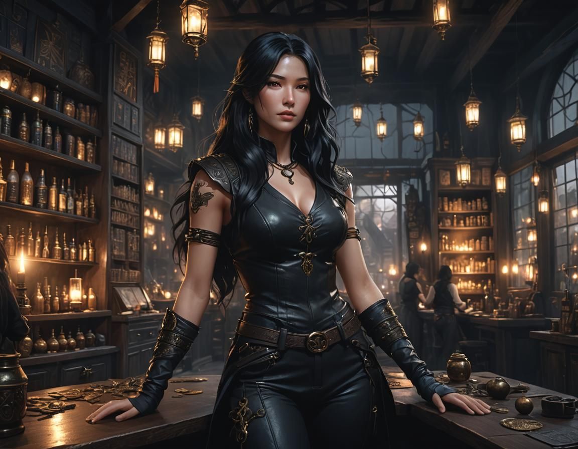 Dark Fantasy Woman in Black Magic Shop