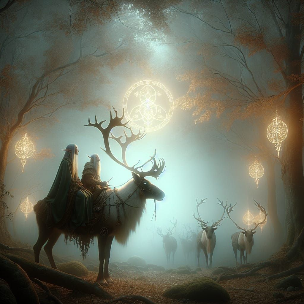 Elven Travelers on Reindeer in Mystical Forest