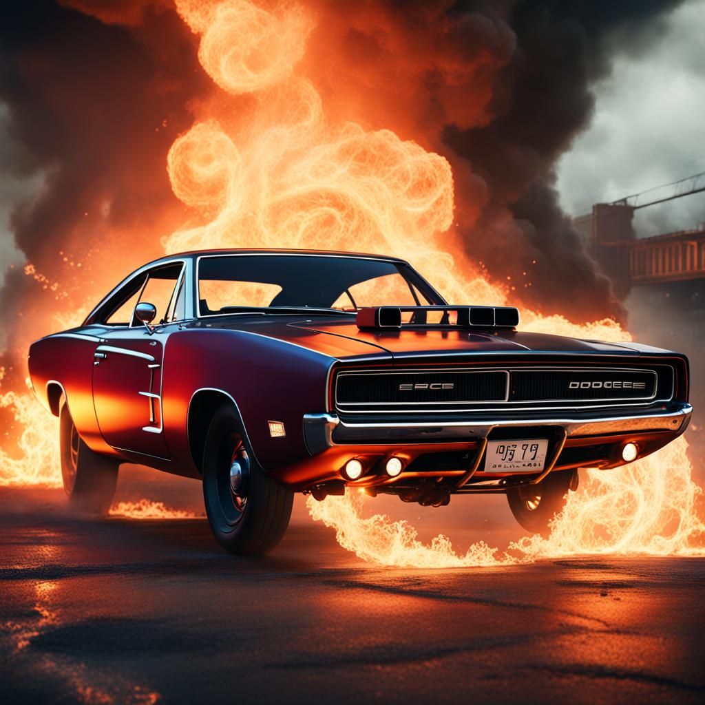 Dodge Charger on Fire: Detailed Matte Painting