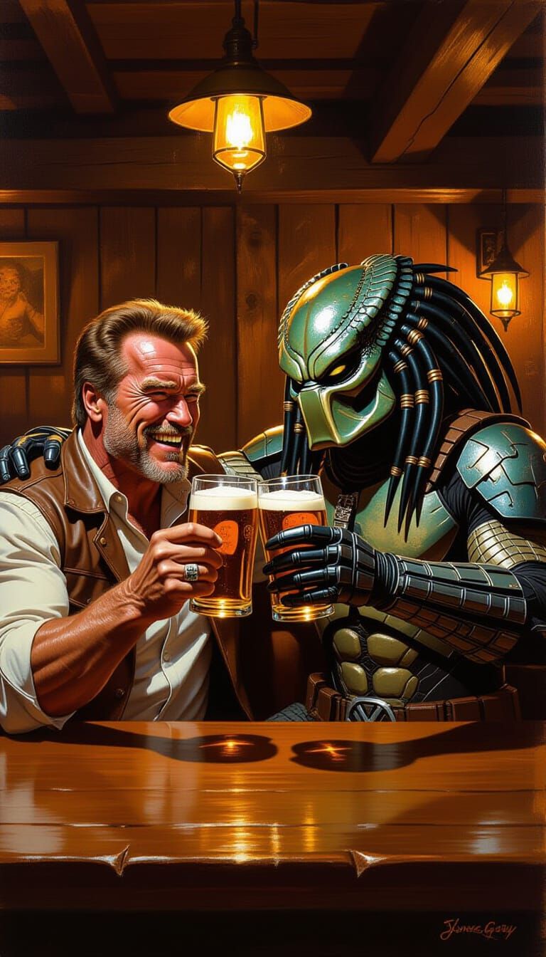Arnold Schwarzenegger and Predator Share Laughs Over Beer