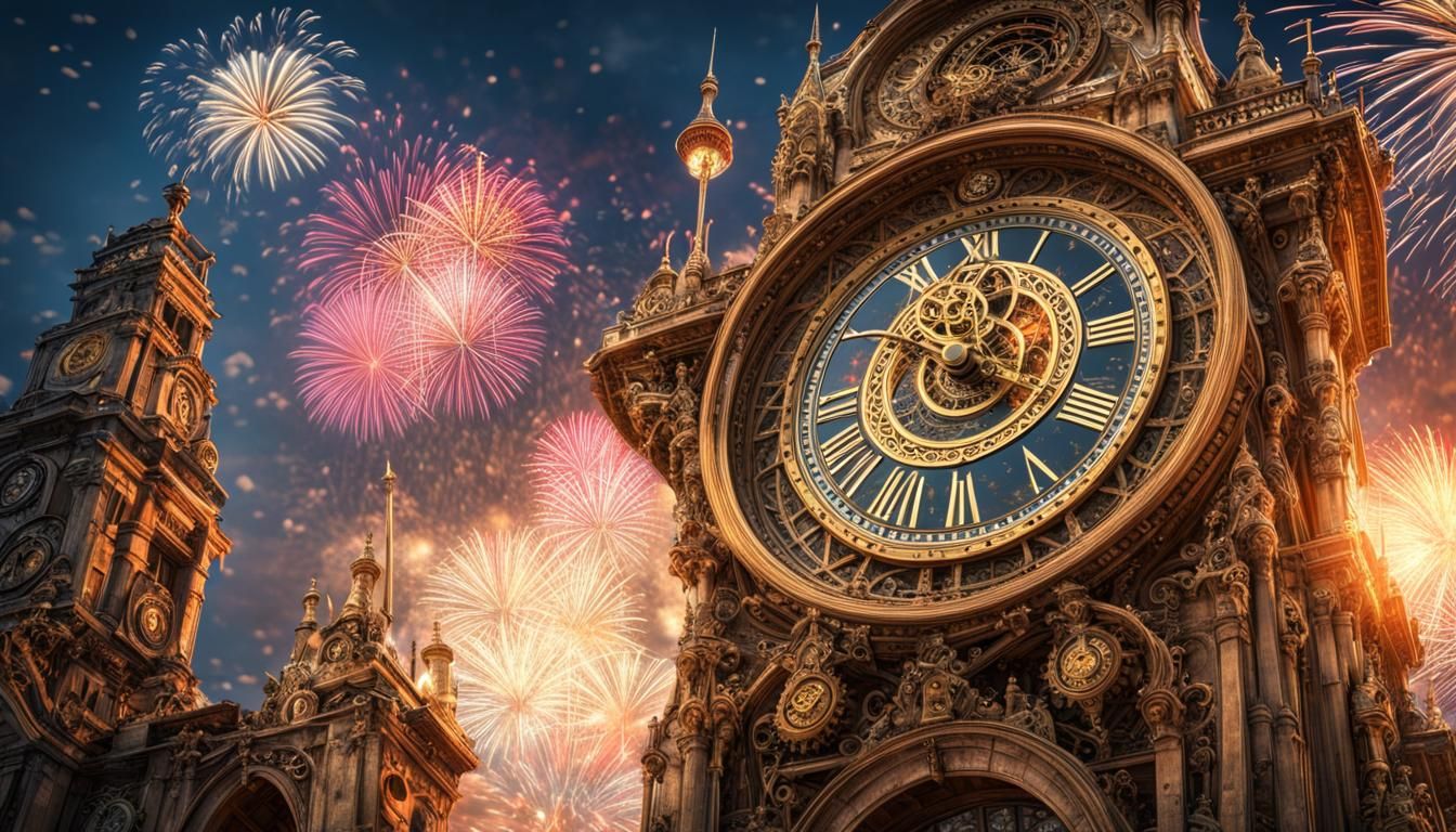 Golden Steampunk Clock Tower with Fireworks