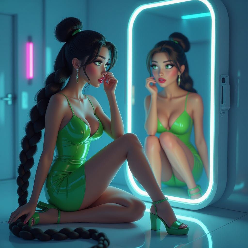 Futuristic Woman Tangled in Braid in Neon Apartment