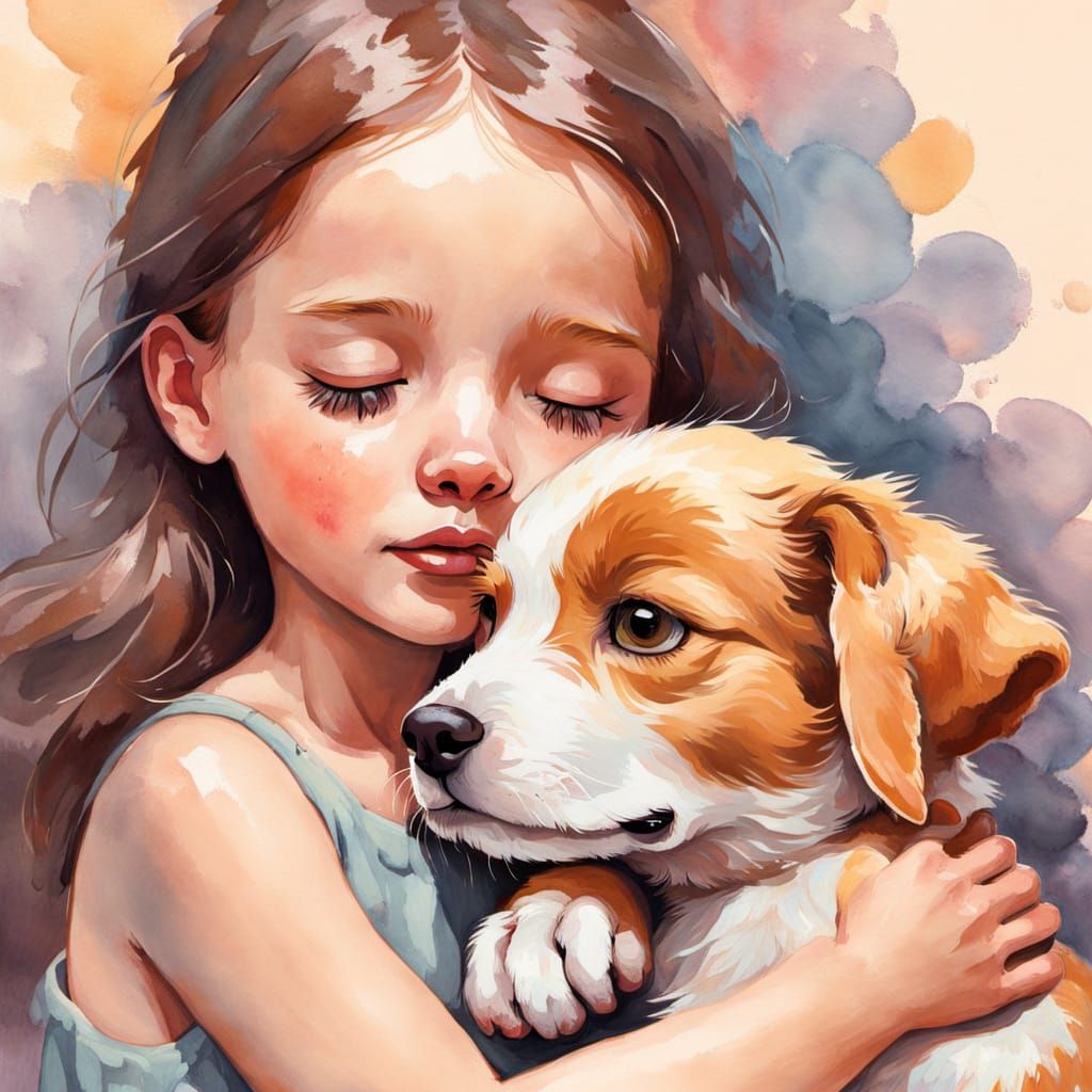 Whimsical Gouache Painting of a Child and Puppy