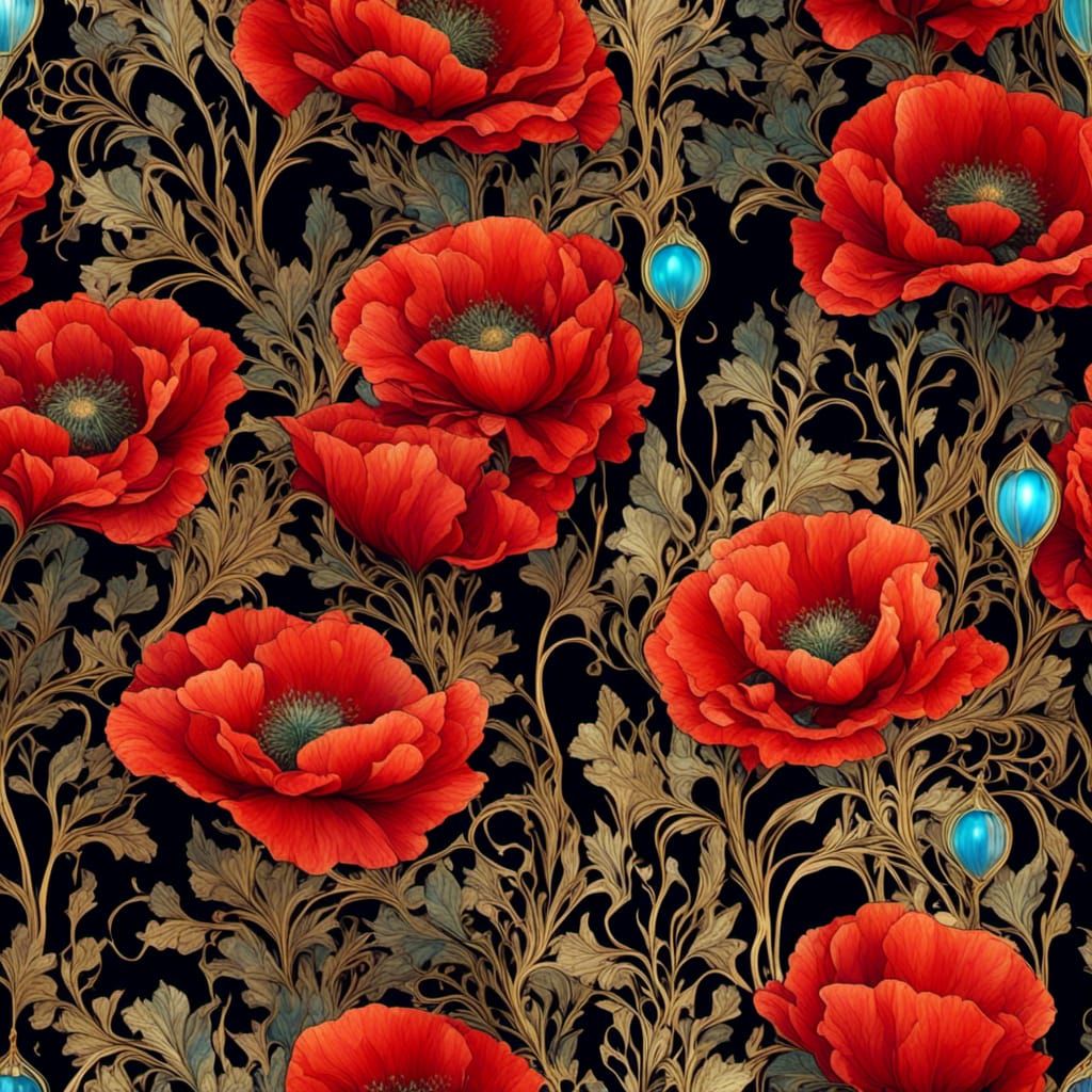 Opalescent Red Poppies in Art Nouveau Style