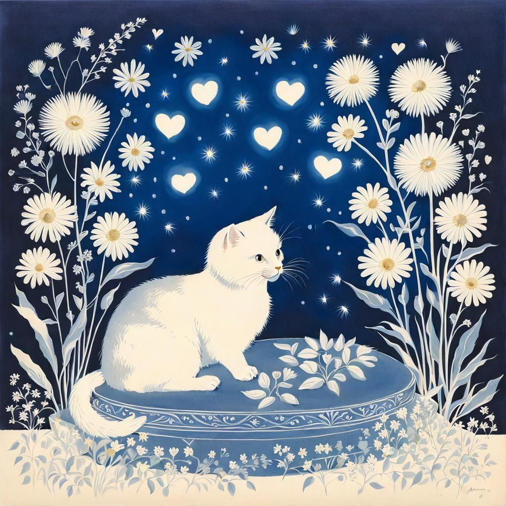 Cyanotype Photograph: Cat, Flowers, Heart Lights