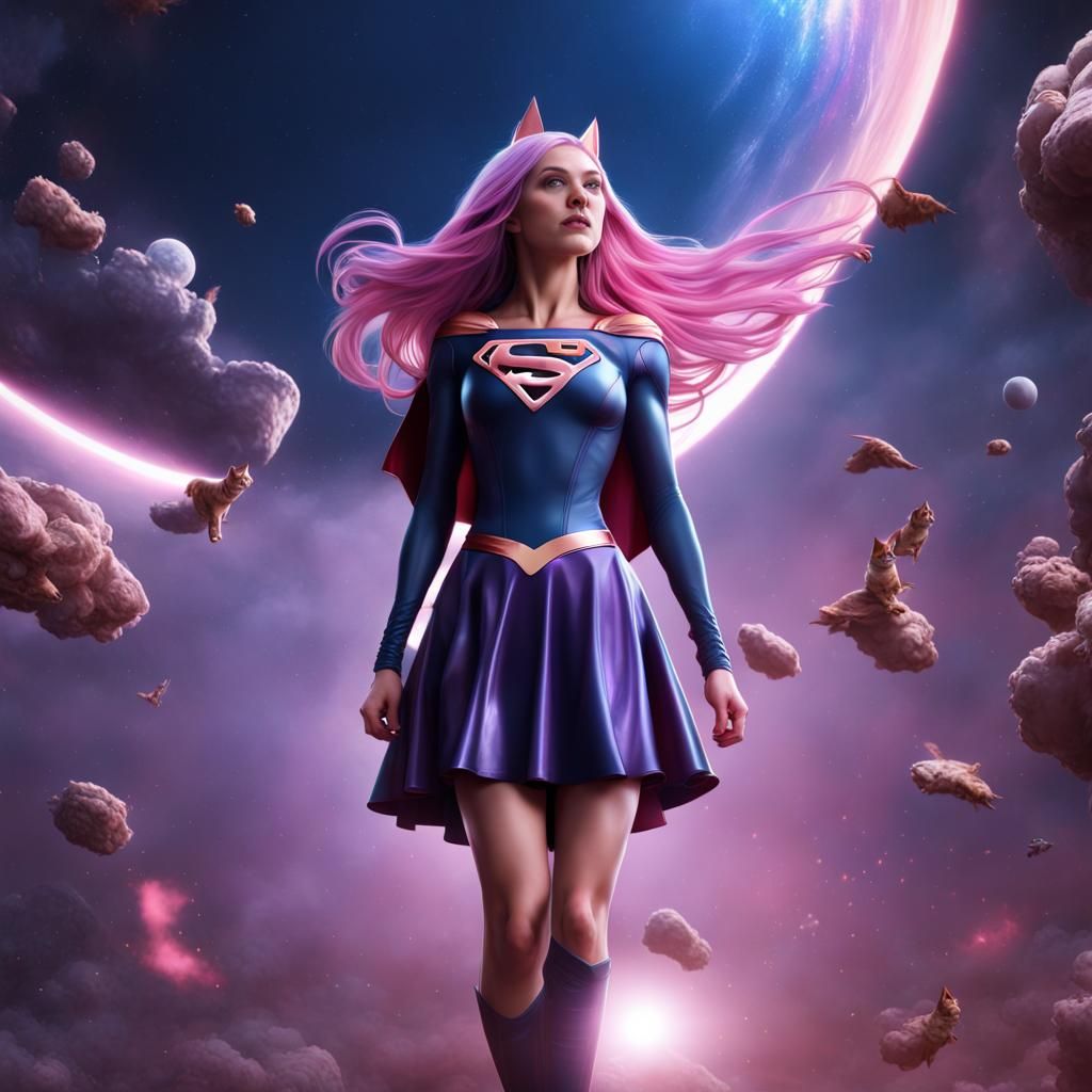 Supergirl with Cat Ears Flies in Space