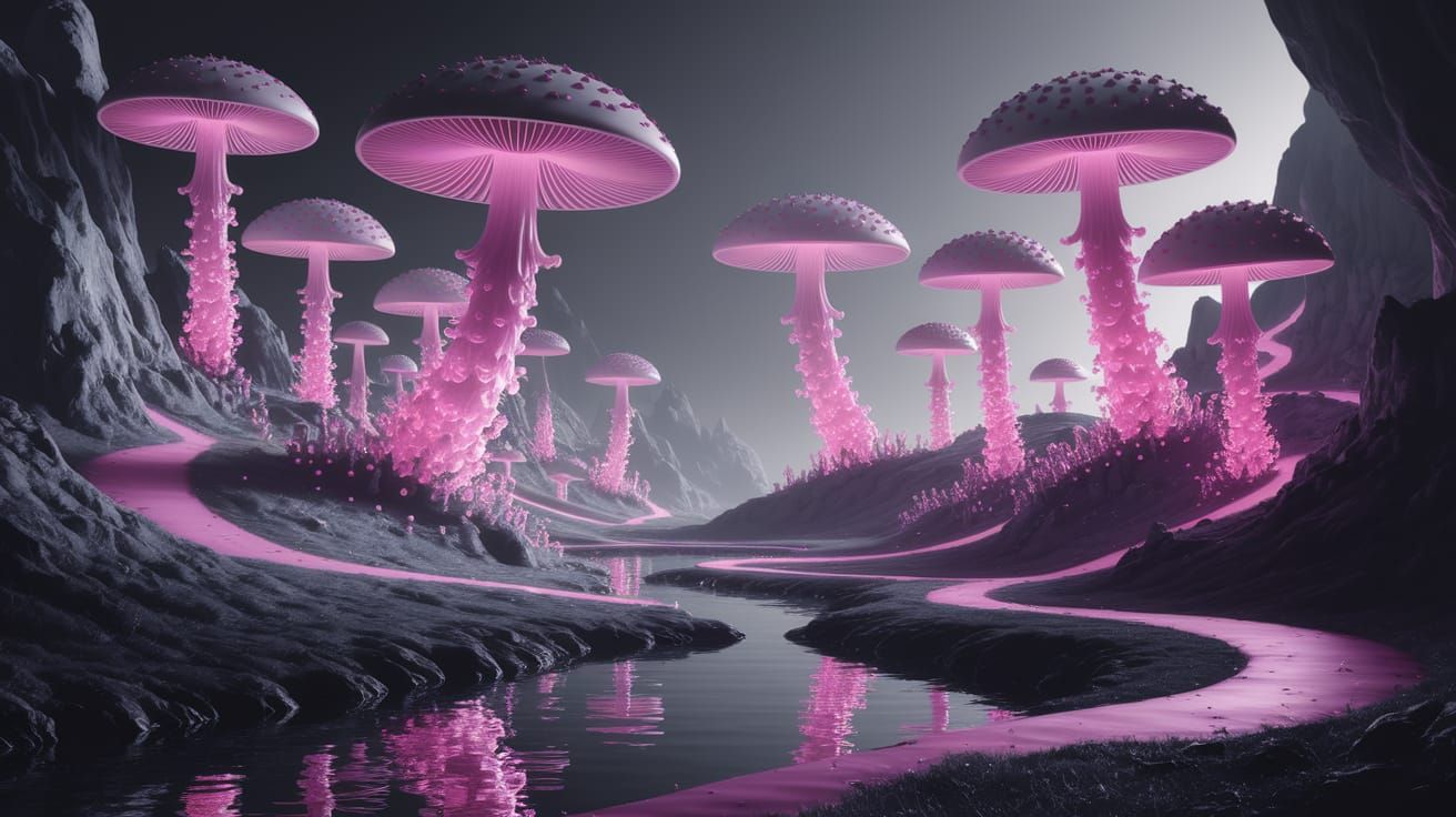 Dreamlike Bioluminescent Mushroom Forest in a Fantasy Landsc...