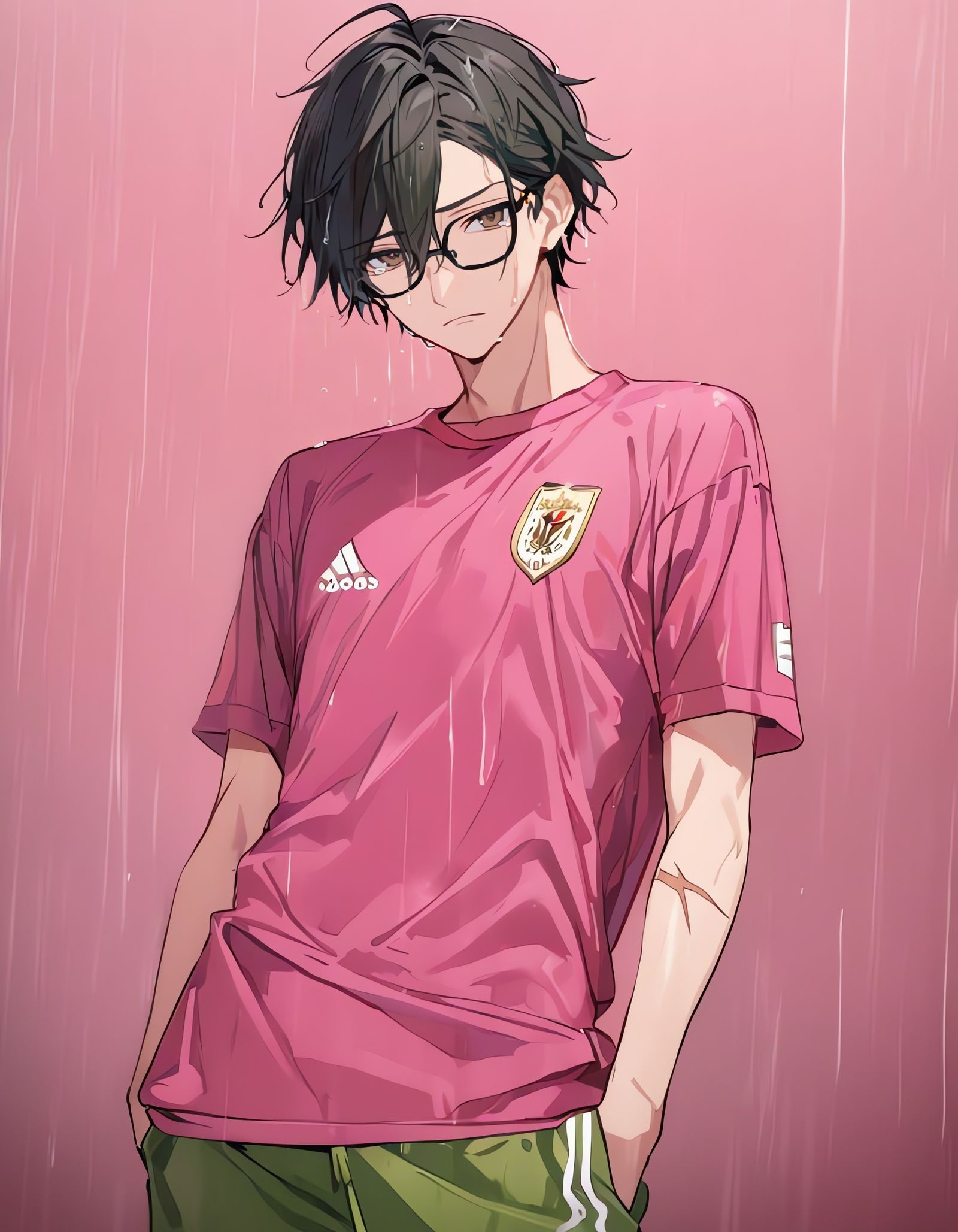 Sad Bishounen in Rain with Soccer Jersey