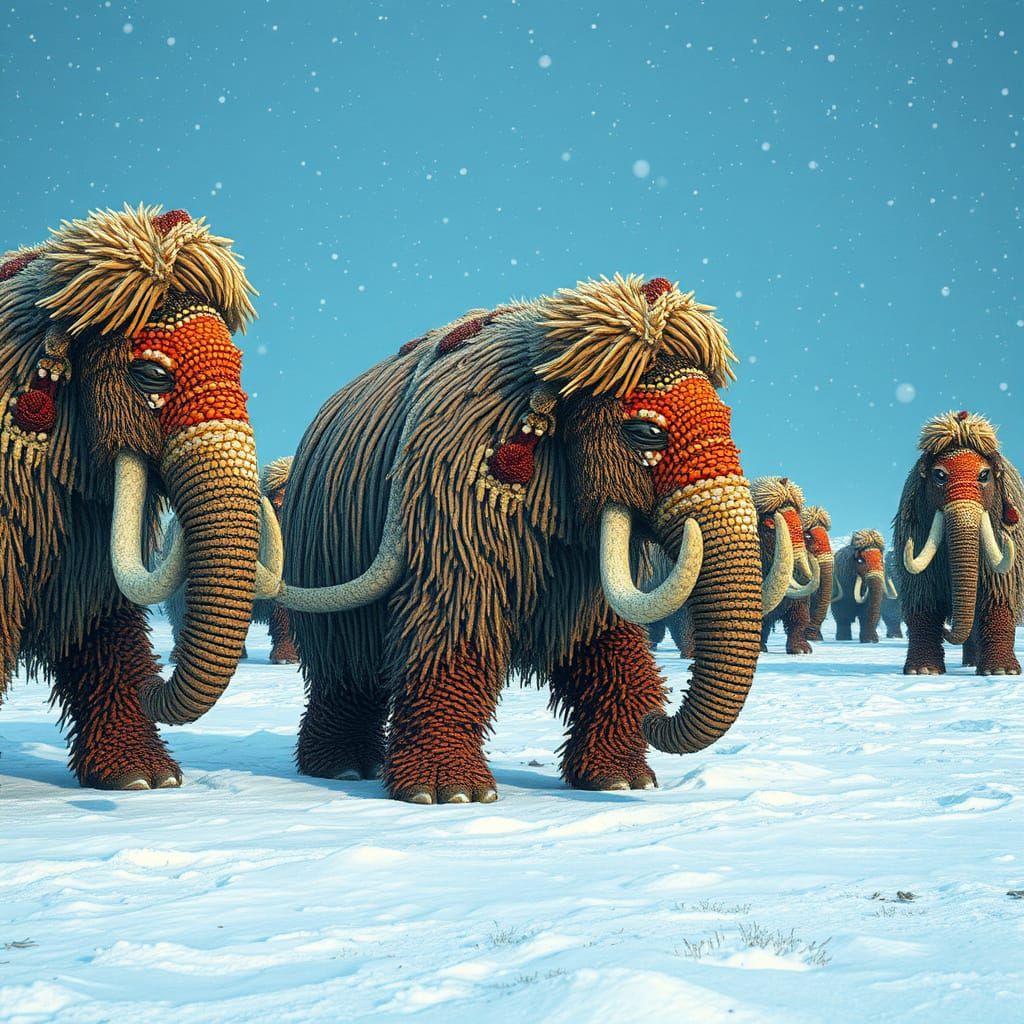 Woolly Mammoths Roaming Icy Tundra in Beaded Mosaic Style