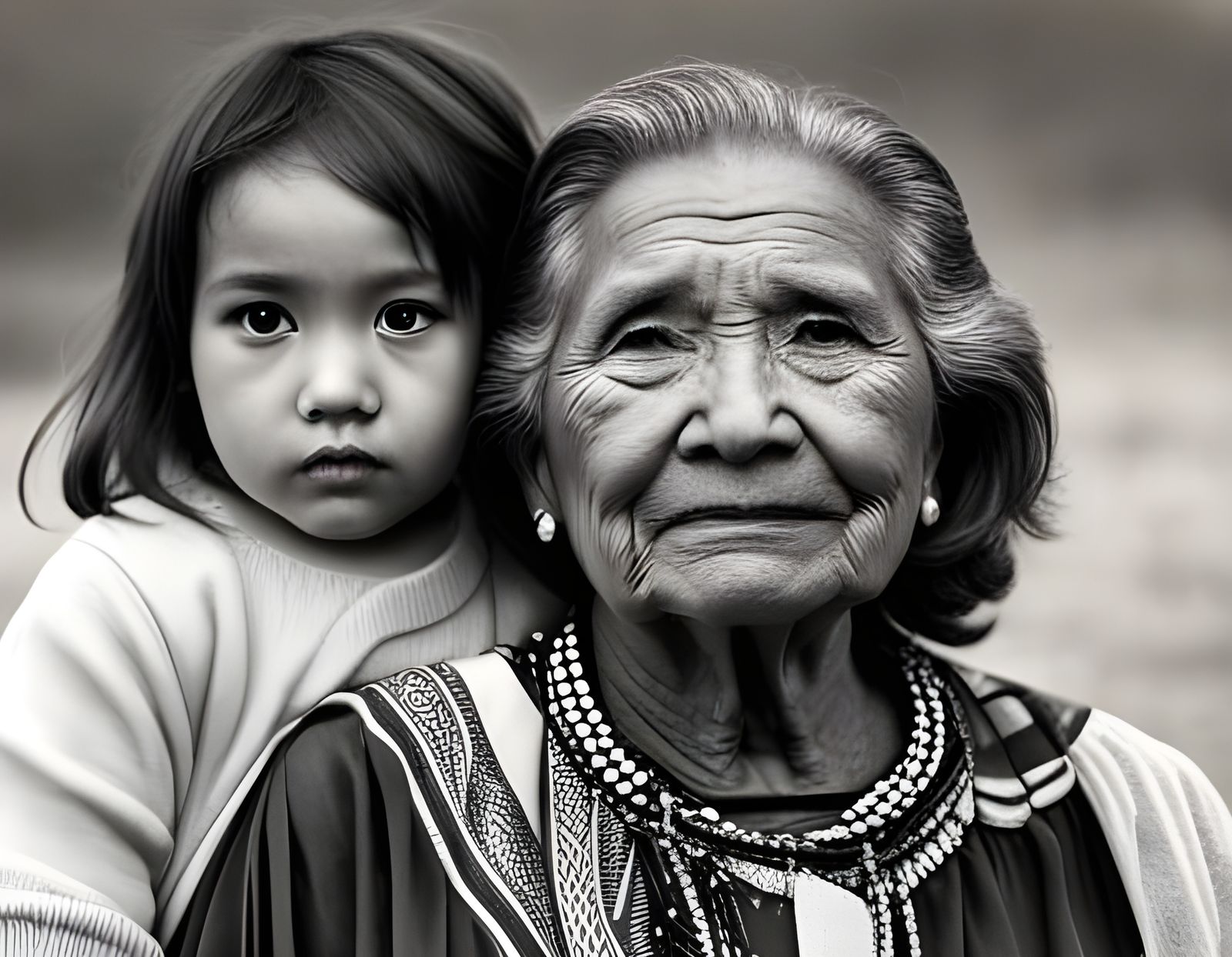 Native American Grandmother and Granddaughter, Black and Whi...