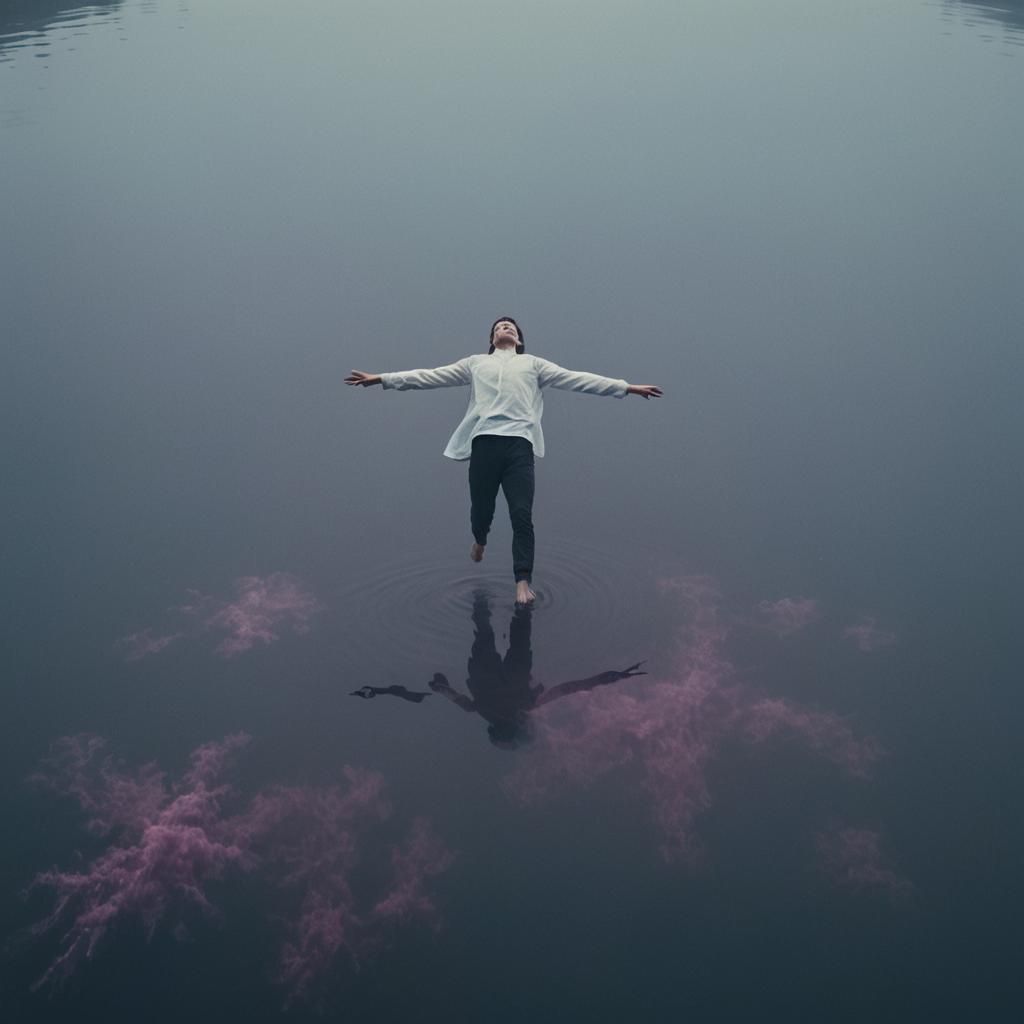 Surreal Person Levitating on Deep Lake
