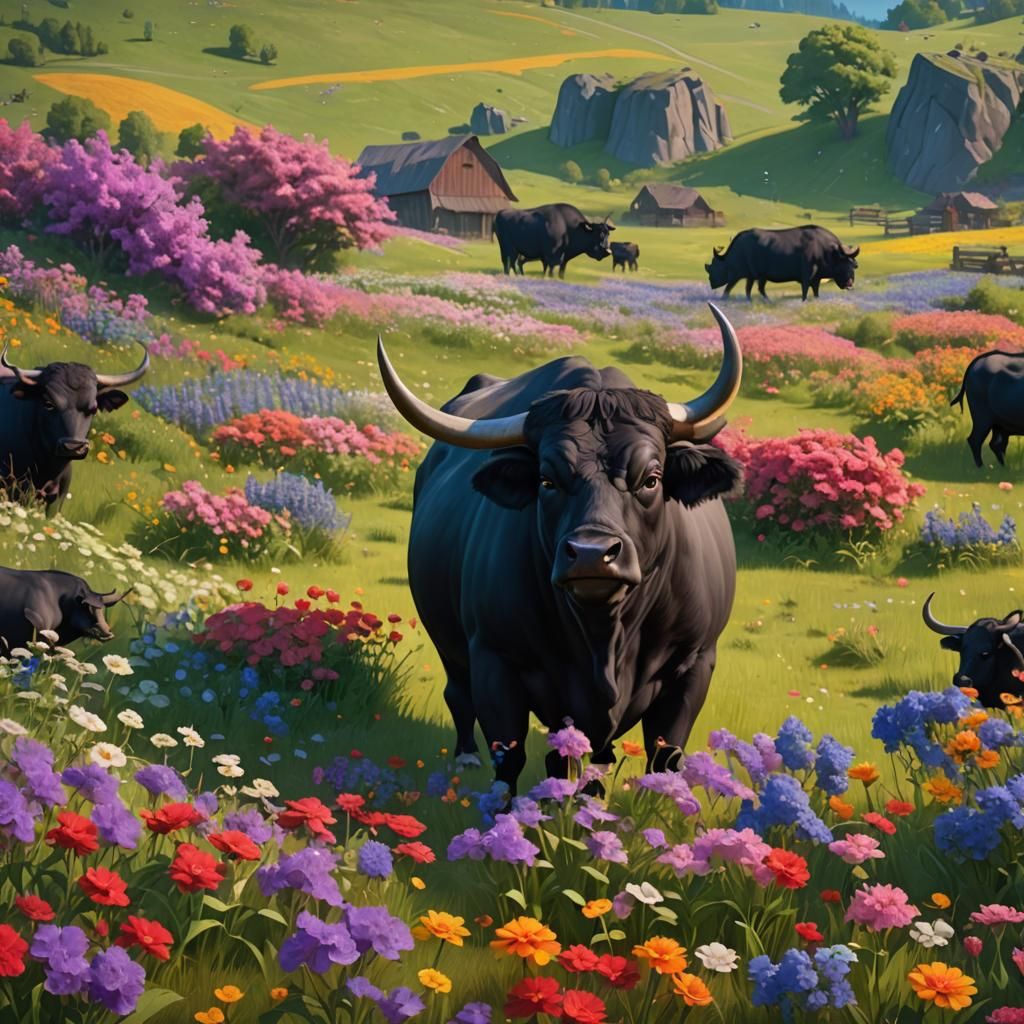Black Bull in Flower Pasture: 3D Digital Art