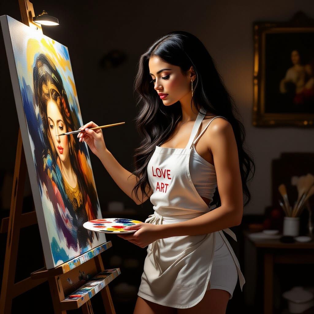 Artist Painting in Dramatic Light, Painterly Style