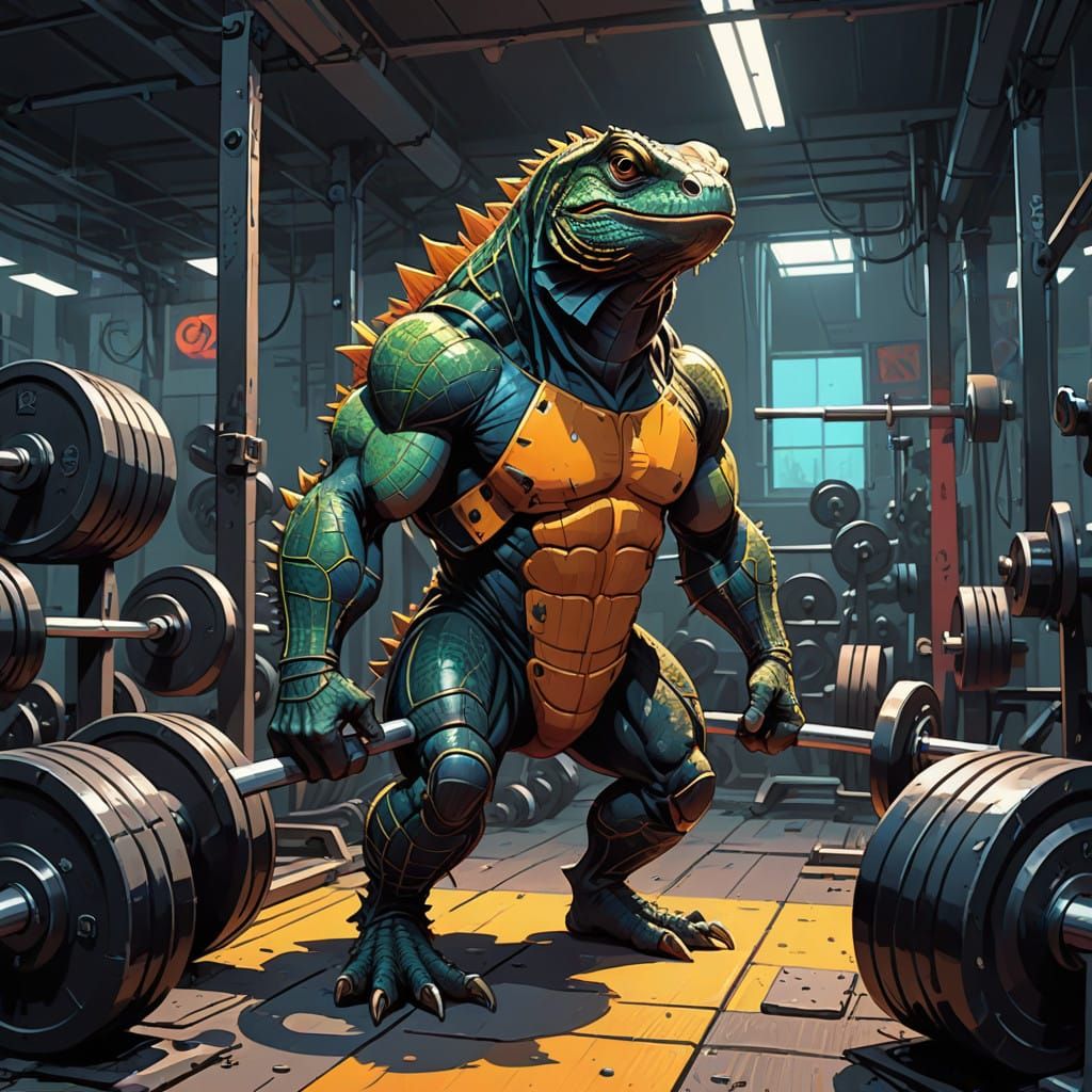 Muscular Tegu Lizard Lifts in Neon-Lit Gym