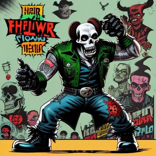 Psychobilly Skull Monster in Retro-Futuristic Horror Style