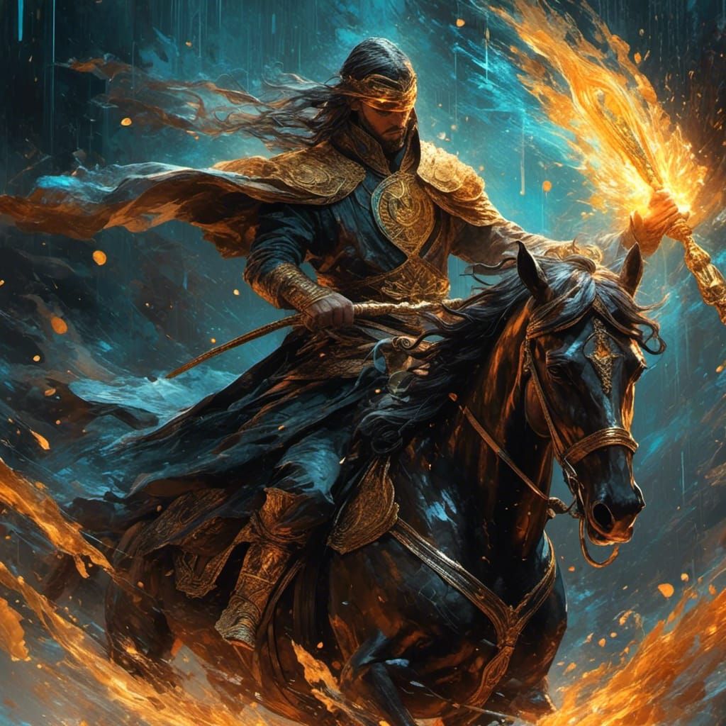 Templar Knight with Flaming Sword in Mystical Rain